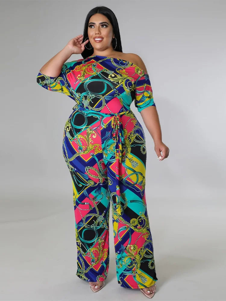 Wmstar Jumpsuit Plus Size Women Clothes Summer Printed Left Off Shoulder with Sashes Offiice Ladies Wholesale Dropshipping 2022