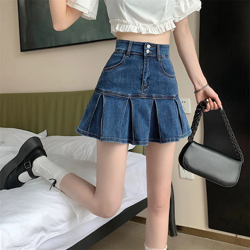 Lucyever Korean Style Women's Mini Denim Skirt Fashion High Waist A-Line Jean Skirts Woman 2025 Summer New Street Pleated Skirts