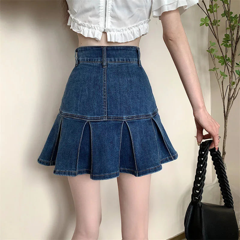 Lucyever Korean Style Women's Mini Denim Skirt Fashion High Waist A-Line Jean Skirts Woman 2025 Summer New Street Pleated Skirts