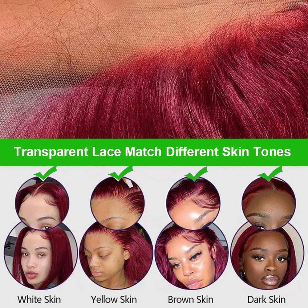 Straight 13x4 13x6 HD Lace Front Human Hair Wig 99J Red Burgundy Colored HD Transparent PrePlucked Lace Frontal Human Hair Wigs