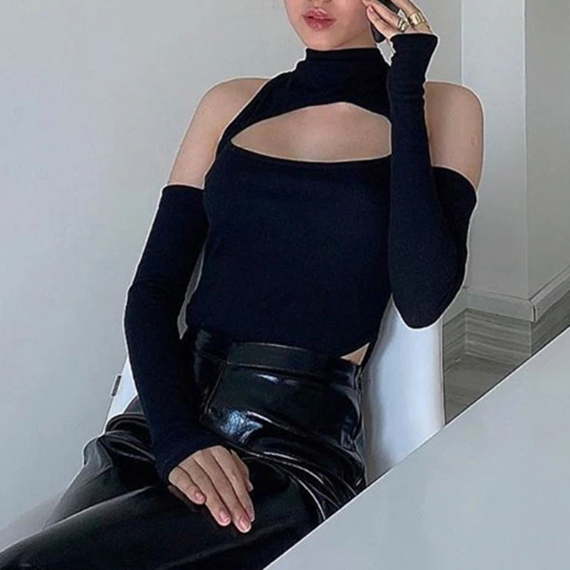 Women's Sexy Hollow Bodysuit Long Sleeved Off-Shoulder Tops Solid Color Fashion Half High Collar Jumpsuit
