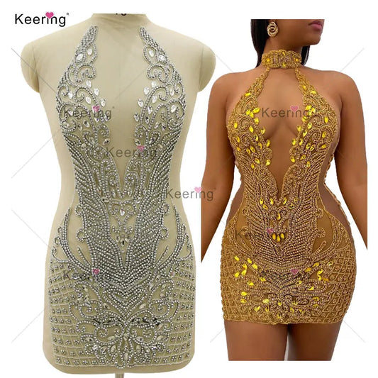 Keering Fashion Designer Silver Crystal 2023 Girls Clothing Sets Custom Glass Rhinestone Black Gold Applique for Dresses