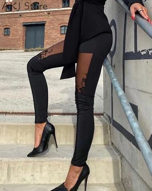 Sexy Sheer Mesh Lace Embroidery Patchwork Skinny Pants