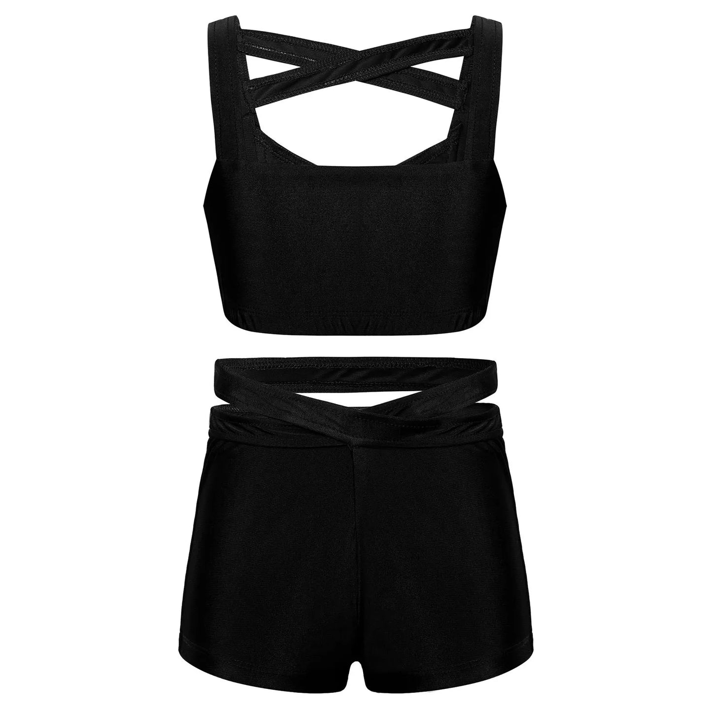 Kids Girls Stretchy Strappy Ballet Dance Sets Sleeveless Gymnastics Workout Crop Top with Shorts Set Girls Sports Dance Wear