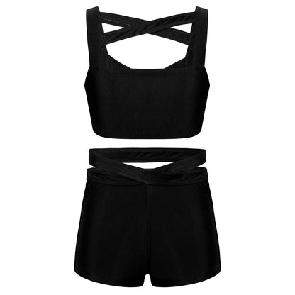 Kids Girls Stretchy Strappy Ballet Dance Sets Sleeveless Gymnastics Workout Crop Top with Shorts Set Girls Sports Dance Wear