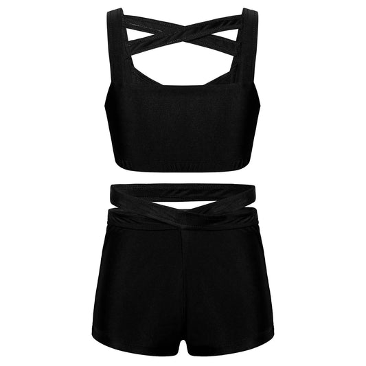 Kids Girls Stretchy Strappy Ballet Dance Sets Sleeveless Gymnastics Workout Crop Top with Shorts Set Girls Sports Dance Wear