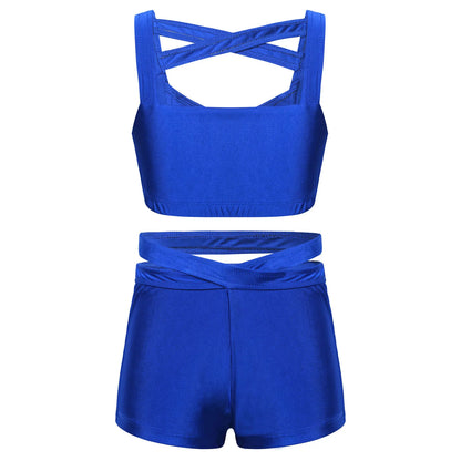 Kids Girls Stretchy Strappy Ballet Dance Sets Sleeveless Gymnastics Workout Crop Top with Shorts Set Girls Sports Dance Wear