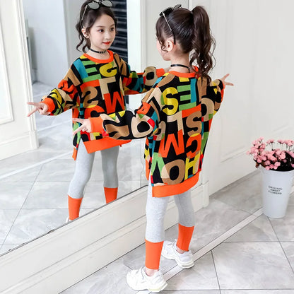 2025 girls clothes autumn winter letter sweatshirt t-shirt hooded + stretch pants leggings cotton teens child 8 9 10 11 12 year