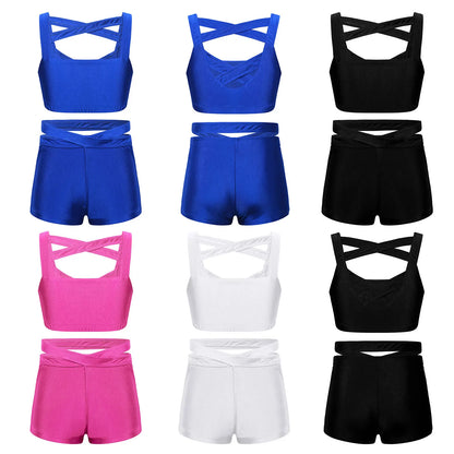 Kids Girls Stretchy Strappy Ballet Dance Sets Sleeveless Gymnastics Workout Crop Top with Shorts Set Girls Sports Dance Wear