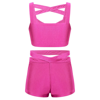 Kids Girls Stretchy Strappy Ballet Dance Sets Sleeveless Gymnastics Workout Crop Top with Shorts Set Girls Sports Dance Wear