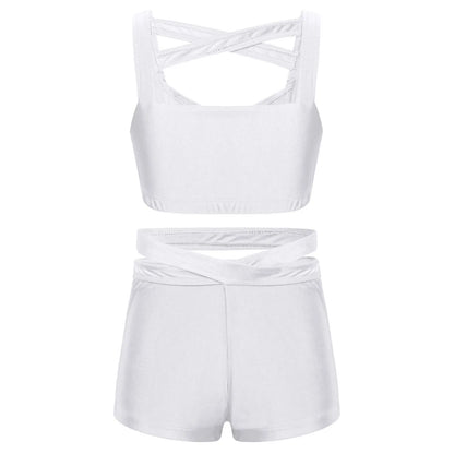 Kids Girls Stretchy Strappy Ballet Dance Sets Sleeveless Gymnastics Workout Crop Top with Shorts Set Girls Sports Dance Wear