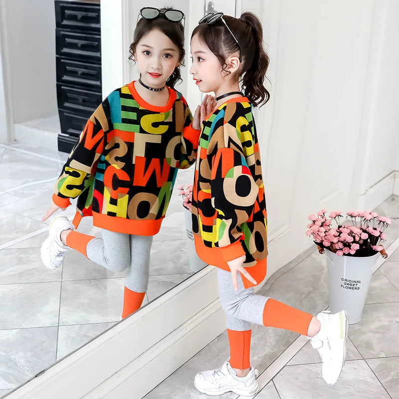 2025 girls clothes autumn winter letter sweatshirt t-shirt hooded + stretch pants leggings cotton teens child 8 9 10 11 12 year