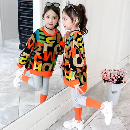 2025 girls clothes autumn winter letter sweatshirt t-shirt hooded + stretch pants leggings cotton teens child 8 9 10 11 12 year