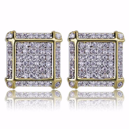 Full AAA+ CZ Stone Pave Bling Ice Out Men's Hip Hop Stud Earring Gold Color Copper Square Earrings for Men Hiphop Rapper Jewelry