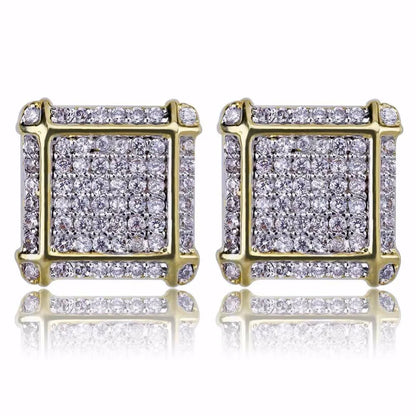 Full AAA+ CZ Stone Pave Bling Ice Out Men's Hip Hop Stud Earring Gold Color Copper Square Earrings for Men Hiphop Rapper Jewelry