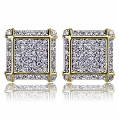 Full AAA+ CZ Stone Pave Bling Ice Out Men's Hip Hop Stud Earring Gold Color Copper Square Earrings for Men Hiphop Rapper Jewelry