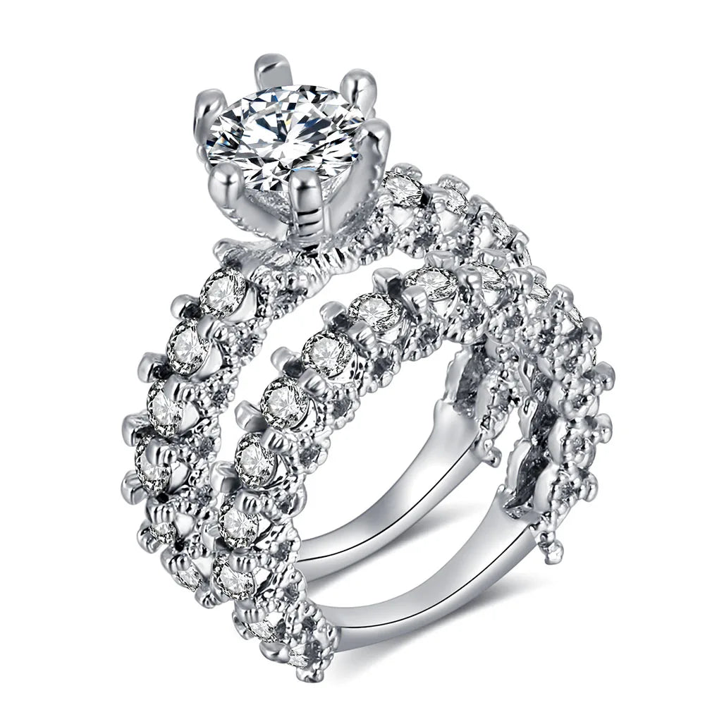 Elegant Zircon Silver Color Engagement Wedding Ring Set for Women