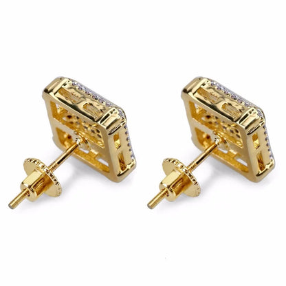Full AAA+ CZ Stone Pave Bling Ice Out Men's Hip Hop Stud Earring Gold Color Copper Square Earrings for Men Hiphop Rapper Jewelry