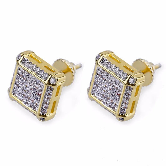 Full AAA+ CZ Stone Pave Bling Ice Out Men's Hip Hop Stud Earring Gold Color Copper Square Earrings for Men Hiphop Rapper Jewelry