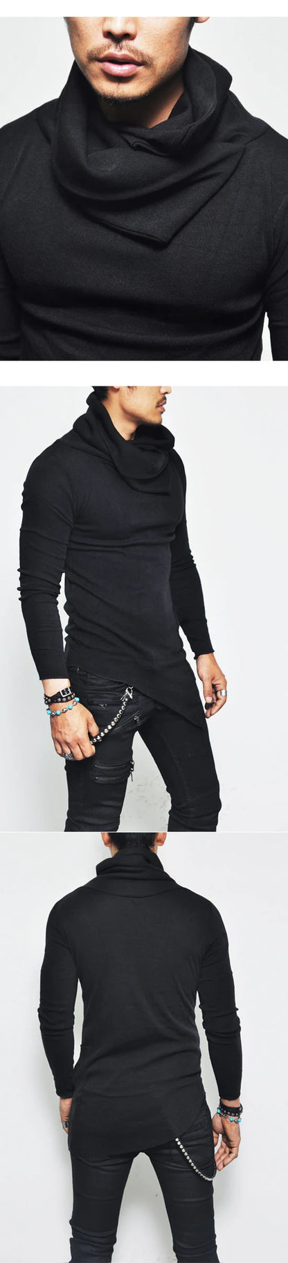Hot Sale Fashion Streetwear Turtle neck Street T shirt Men Hip Hop Long Sleeve Asymmetry Thin Designed Men's T-Shirt MY062