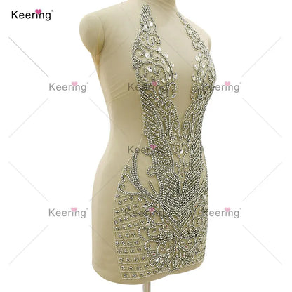 Keering Fashion Designer Silver Crystal 2023 Girls Clothing Sets Custom Glass Rhinestone Black Gold Applique for Dresses