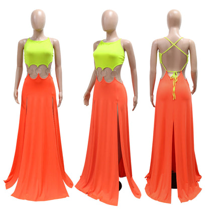 CM.YAYA Women Strap Backless Big Swing Split Maxi Long Dress 2025 Hollow Out Birthday Sexy Club Party Evening Dresses Vestidos