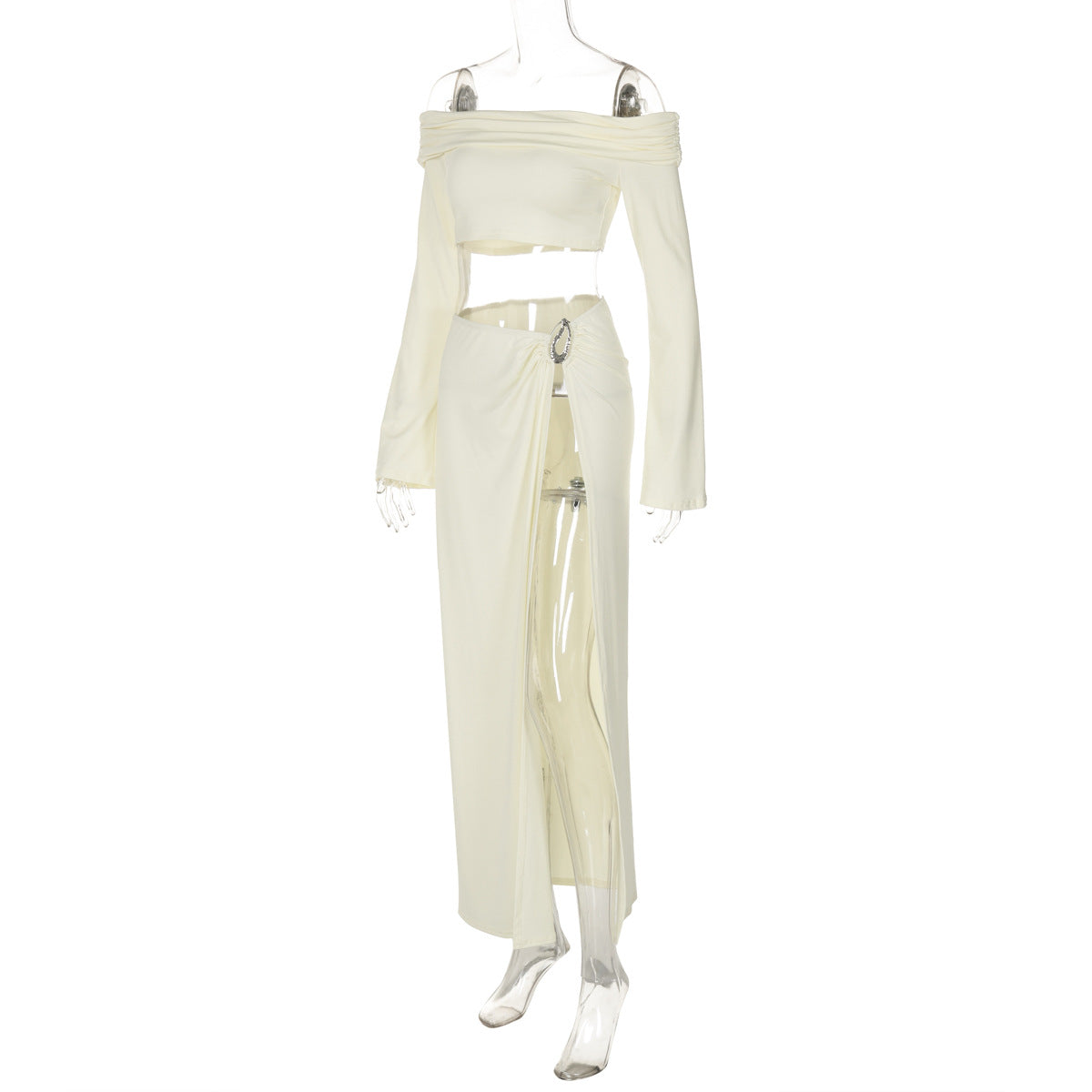 Women's Solid Beach Skirt Sets Sexy High Split Slim Bohemian Outfits Off The Shoulder Holiday Fashion 2 Piece Set 2025 Beachwear