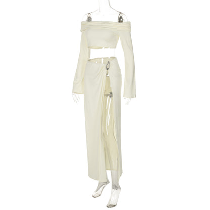 Women's Solid Beach Skirt Sets Sexy High Split Slim Bohemian Outfits Off The Shoulder Holiday Fashion 2 Piece Set 2025 Beachwear