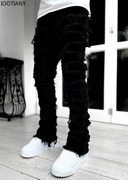 New Fashion Stretch Jeans Man Stacked Jeans Elastic Waist Straight Fit Patchworks Denim Long Pants Fringe Ripped Jeans For Men