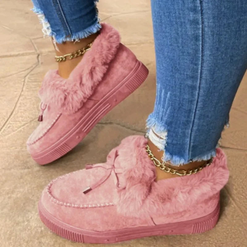 Solid Color Furry Females Feetwear Women Winter Cotton Shoes Plush Warm Snow Boots Ladies Casual Flat Short Boots
