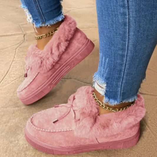 Solid Color Furry Females Feetwear Women Winter Cotton Shoes Plush Warm Snow Boots Ladies Casual Flat Short Boots