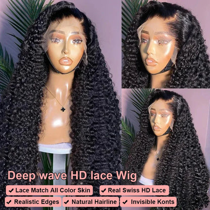 Curly 360 Lace Front Human Hair Wigs 250 Density Brazilian Deep Wave 40 Inch 13x6 HD Lace Frontal Wig 100% Human Hair Preplucked