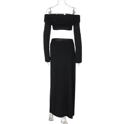 Women's Solid Beach Skirt Sets Sexy High Split Slim Bohemian Outfits Off The Shoulder Holiday Fashion 2 Piece Set 2025 Beachwear