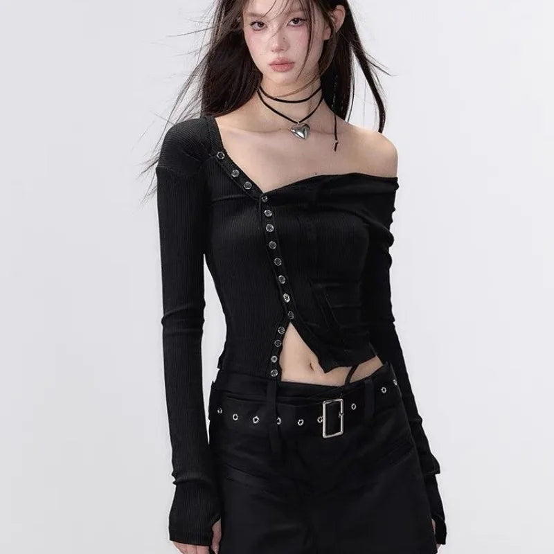 Black Tshirts Women Clothes Long Sleeve Slash Neck Tunic Tees 2025 Ropa Mujer Single Breasted Sexy Korean Y2k T Shirt Ropa Mujer