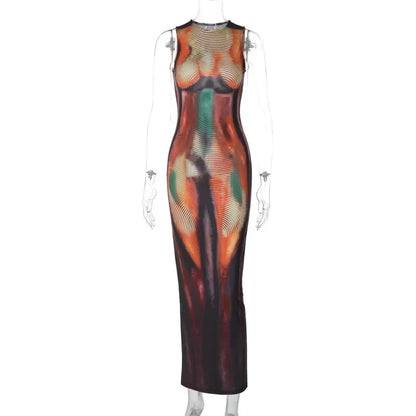Summer 2024 Y2K Print Sexy Evening Party Club Birthday Maxi Dress for Women Bodycon Sleeveless Long Dresses Outfits Streetwear