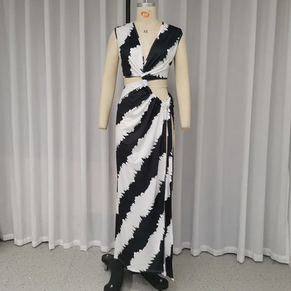 Ellafads Maxi Dress Women's Summer Sexy Printed Fashion Hollow V Neck Tie Pleated Irregular Slim Holiday Dresses Streetwear