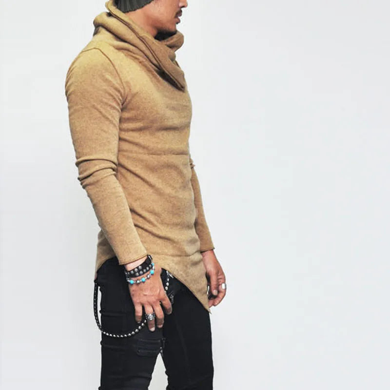 Hot Sale Fashion Streetwear Turtle neck Street T shirt Men Hip Hop Long Sleeve Asymmetry Thin Designed Men's T-Shirt MY062