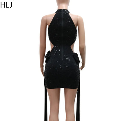 FAGADOER Bow Patchwork Bodycon Birthday Party Mini Sequined Dress Black Sexy Side Hollow Halter Tassel Night Clubwear 2024 New