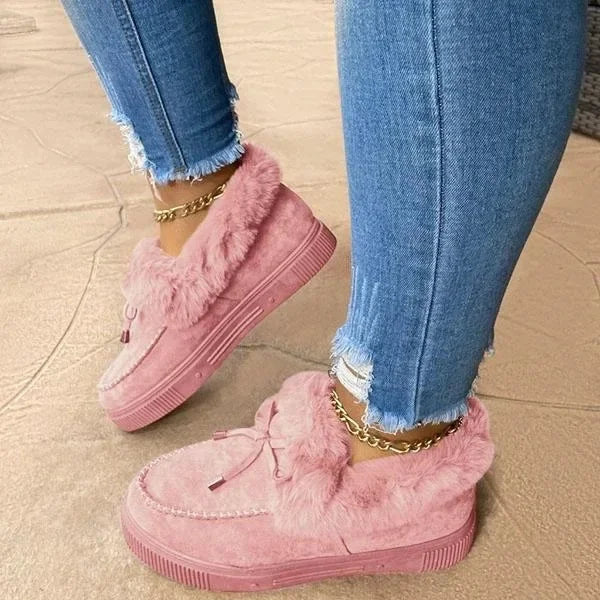Solid Color Furry Females Feetwear Women Winter Cotton Shoes Plush Warm Snow Boots Ladies Casual Flat Short Boots