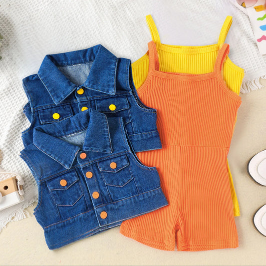 Children Fashion Clothes Sets For Girls 3-7 Years 2025 Summer Sleeveless Solid Rib Bodysuit +Lapel Denim Coat Two Piece Outfits