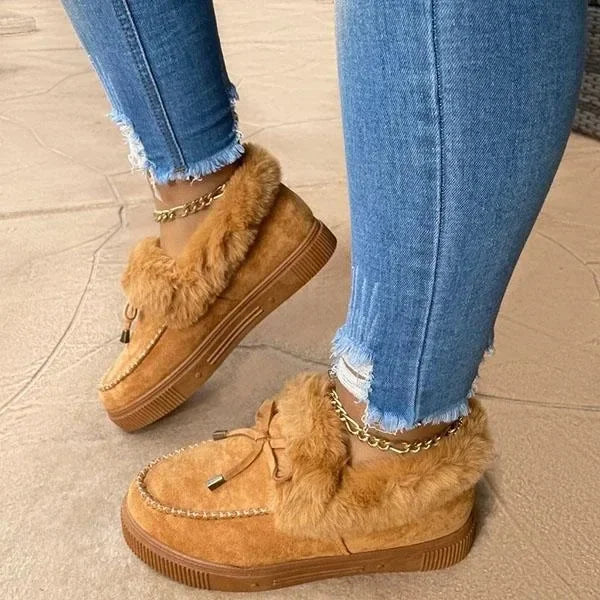 Solid Color Furry Females Feetwear Women Winter Cotton Shoes Plush Warm Snow Boots Ladies Casual Flat Short Boots