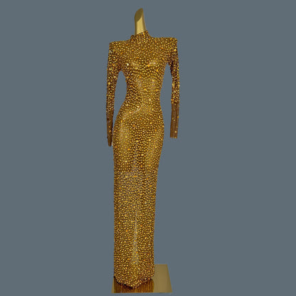 Stunning Evening Gown Long Dress Birthday Celebrate Luxurious Costume Sparkly Big Rhinestone Dancer Flashing Party Dress Gesebei