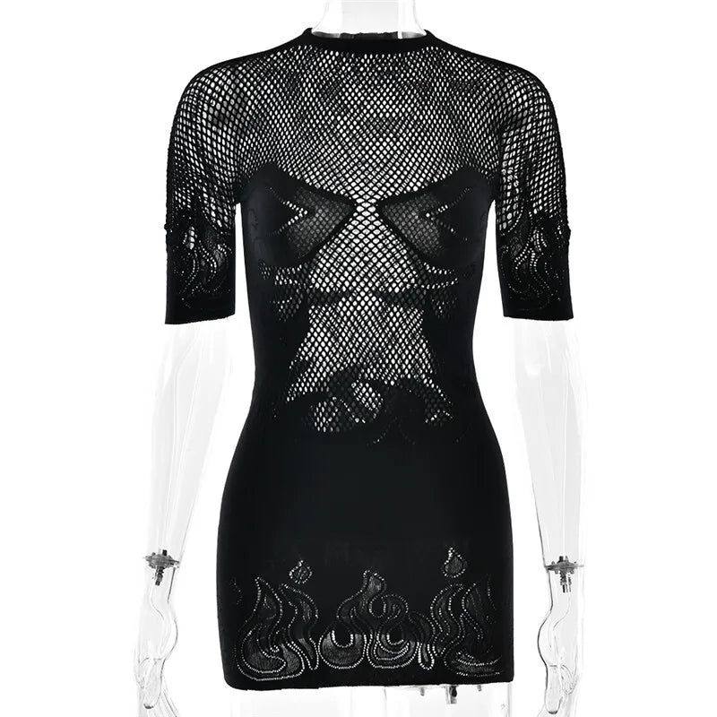 Sifreyr High Stretch Sheer Mini Dress Women Basics Solid Color O Neck Short Sleeve Slim Bodycon Party Sexy Dresses Fashion