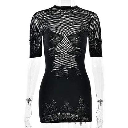 Sifreyr High Stretch Sheer Mini Dress Women Basics Solid Color O Neck Short Sleeve Slim Bodycon Party Sexy Dresses Fashion