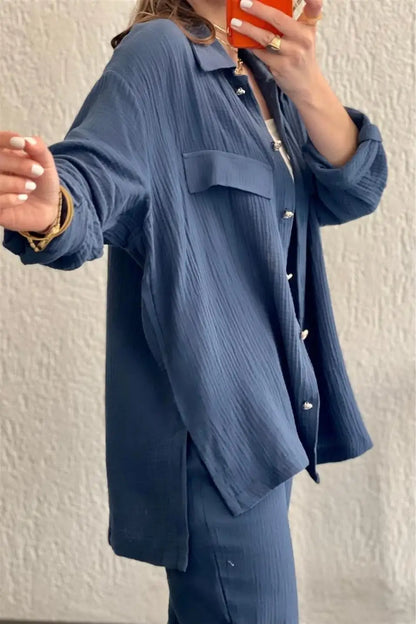 summer outfits for women 2025 New Loose Button Long Sleeve Shirt and Cropped Pants Casual Sports Summer women's suit Pants Set