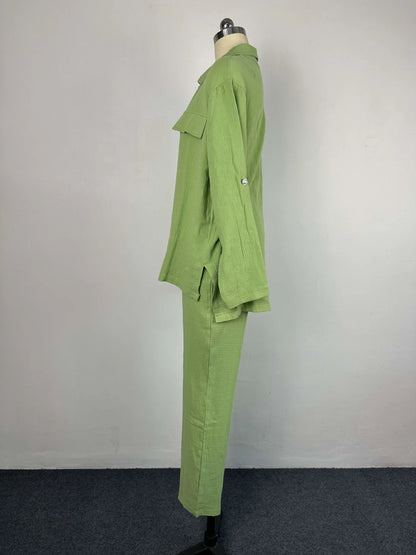 summer outfits for women 2025 New Loose Button Long Sleeve Shirt and Cropped Pants Casual Sports Summer women's suit Pants Set