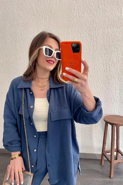 summer outfits for women 2025 New Loose Button Long Sleeve Shirt and Cropped Pants Casual Sports Summer women's suit Pants Set