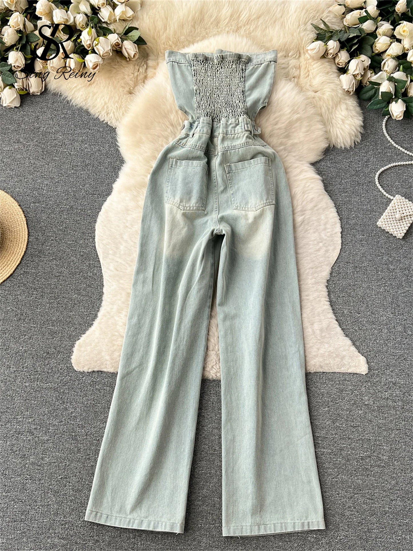SINGREINY American Retro Streetwear Denim Jumpsuits Zipper Pocket High Waist Wide Legs Ripped Pants Summer Women Slim Rompers