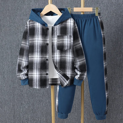 Kids Boys' Autumn Casual Checker Hoodie Set
