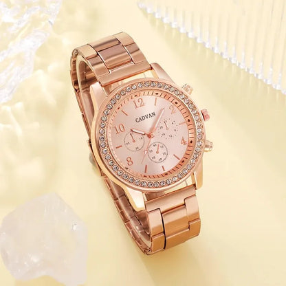 6PCS Luxury Watch Ring Necklace Earring Bracelet Watches Rhinestone Set